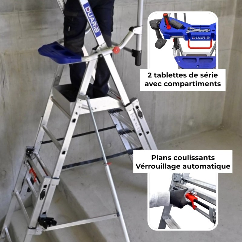 2 tablettes pour outils et verrouillage automatique des plans coulissants