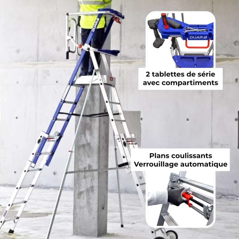 2 tablettes outils, plans coulissants avec verrouillage automatique