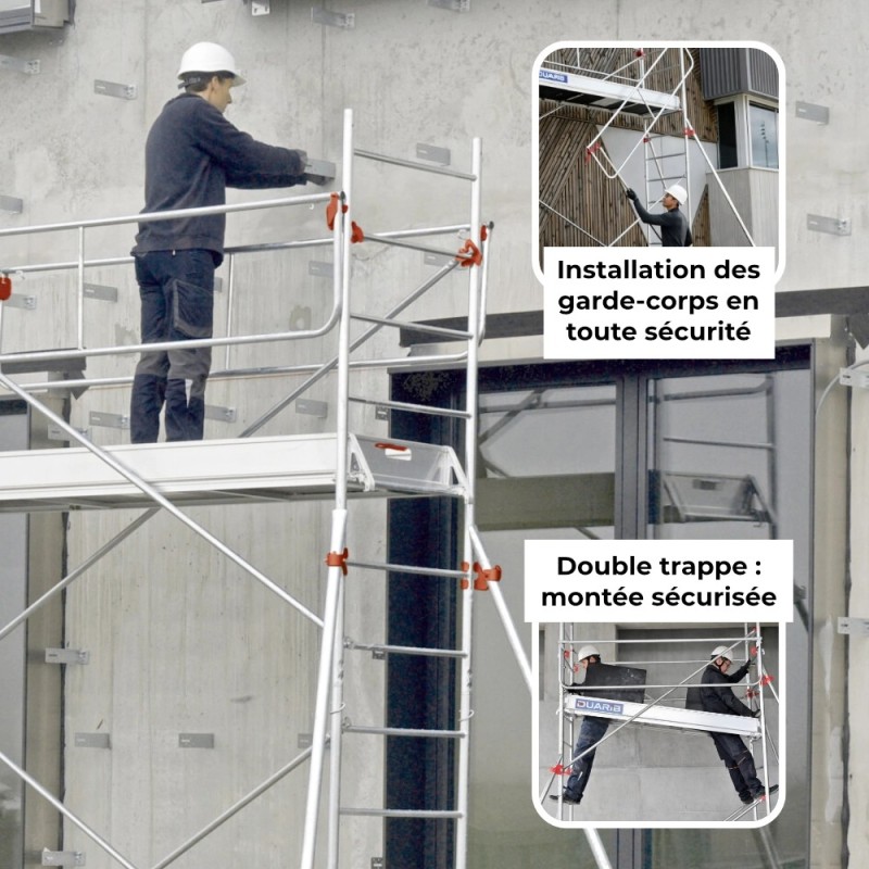 Installation des garde-corps par le niveau inférieur, montée sécurisée grâce à la double trappe.