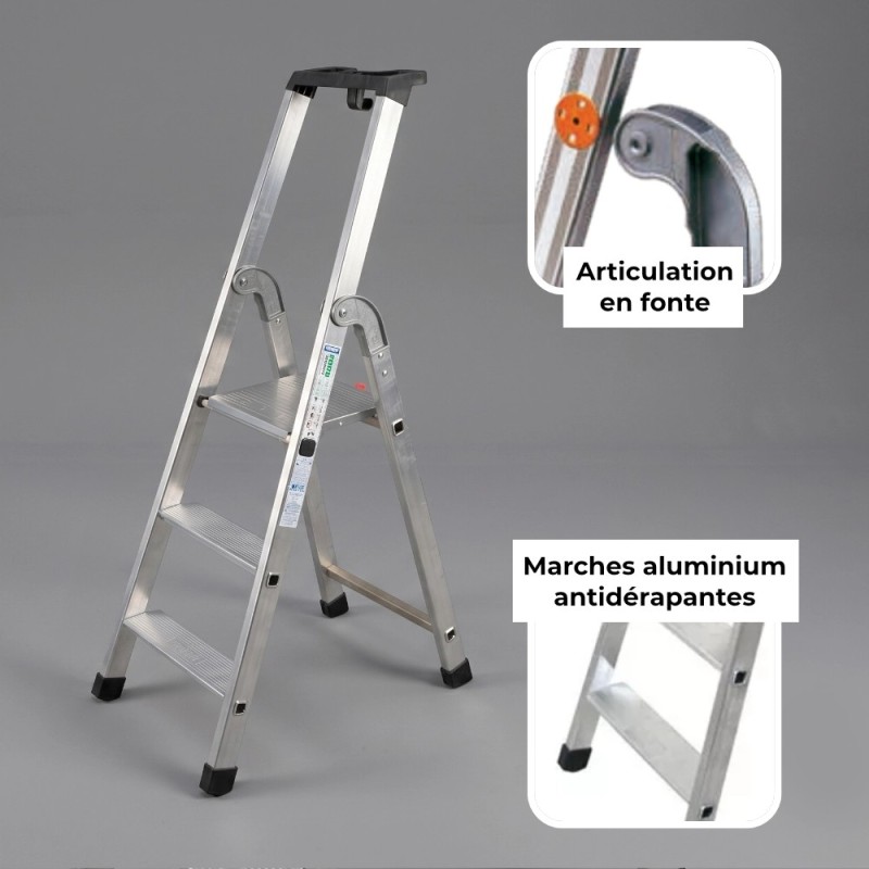 Articulation en fonte, marches en aluminium antidérapantes.
