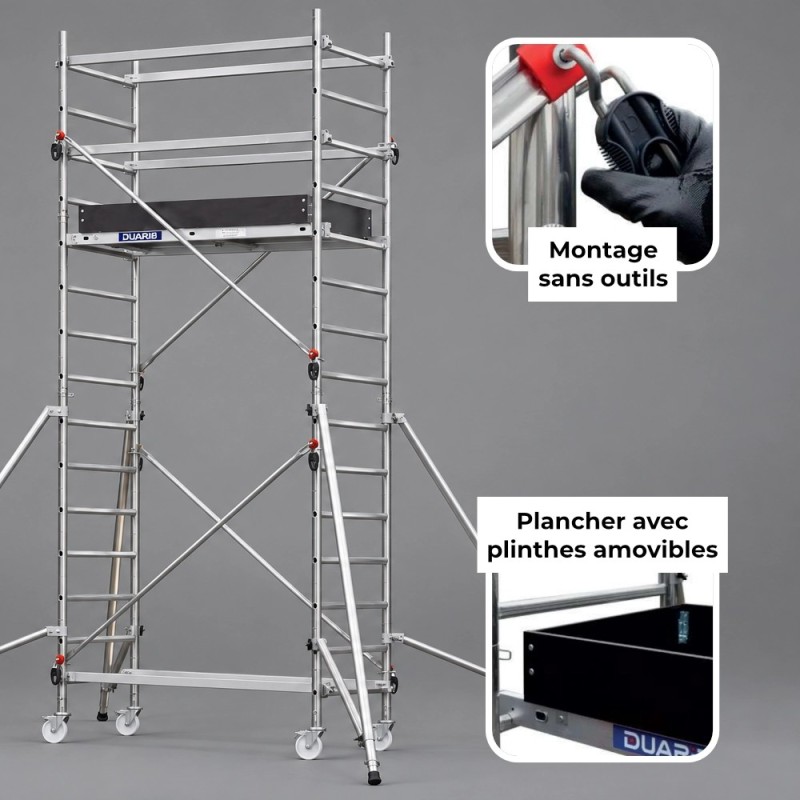 Petit échafaudage roulant : montage sans outils et plancher avec plinthes amovibles